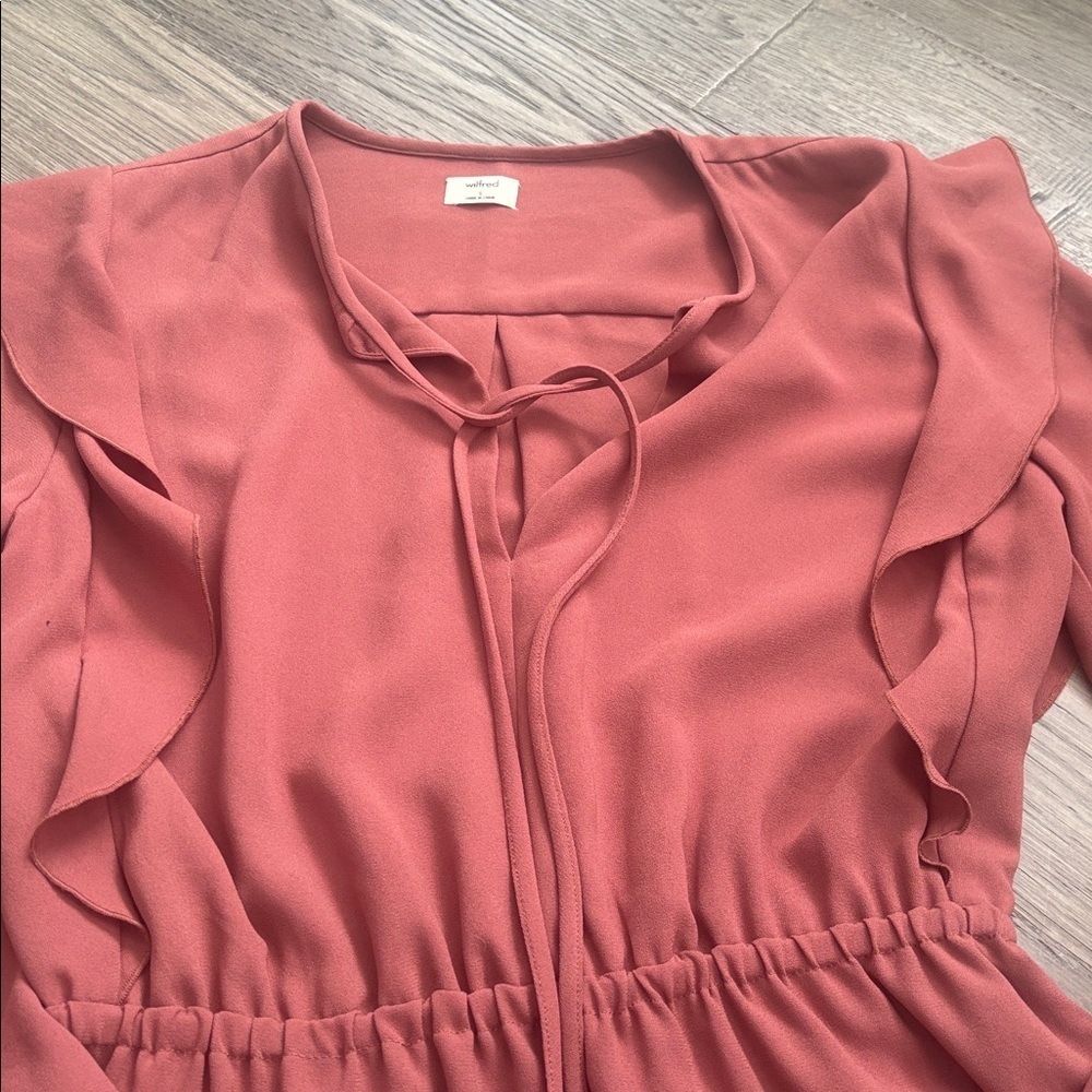 Wilfred | Aritzia Marvelle Ruffled Long Sleeve Dress in Burgundy Size Small - Picture 4 of 14